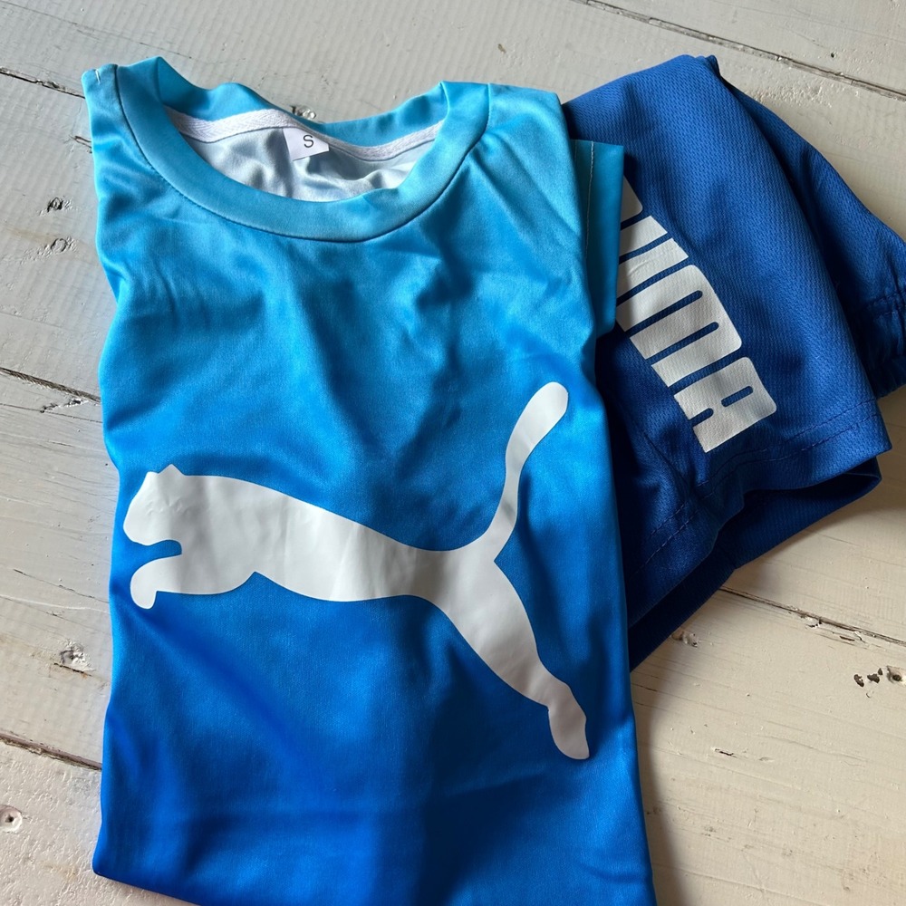 Puma Men S Gradient Blue White Logo Athletic T Shirt Shorts Set